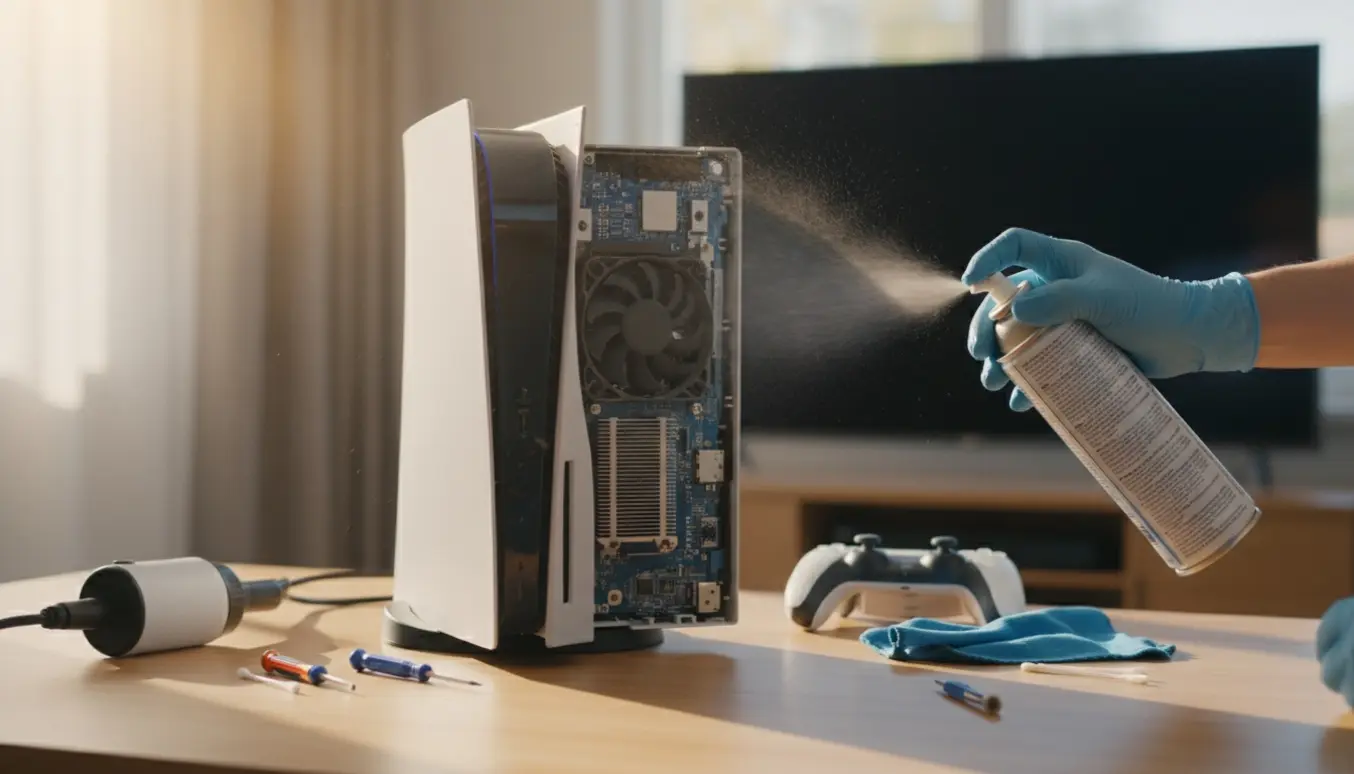 PlayStation 5 bliver renset på et skrivebord med komprimeret luft og værktøj, ingen ansigter synlige.