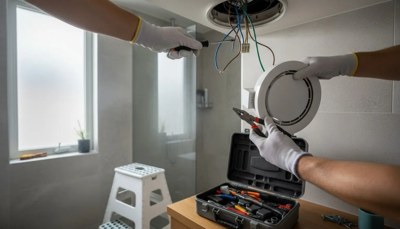 Hænder udskifter en rund badeværelsesventilator i et flisebelagt badeværelse med værktøj og trappestige i baggrunden.