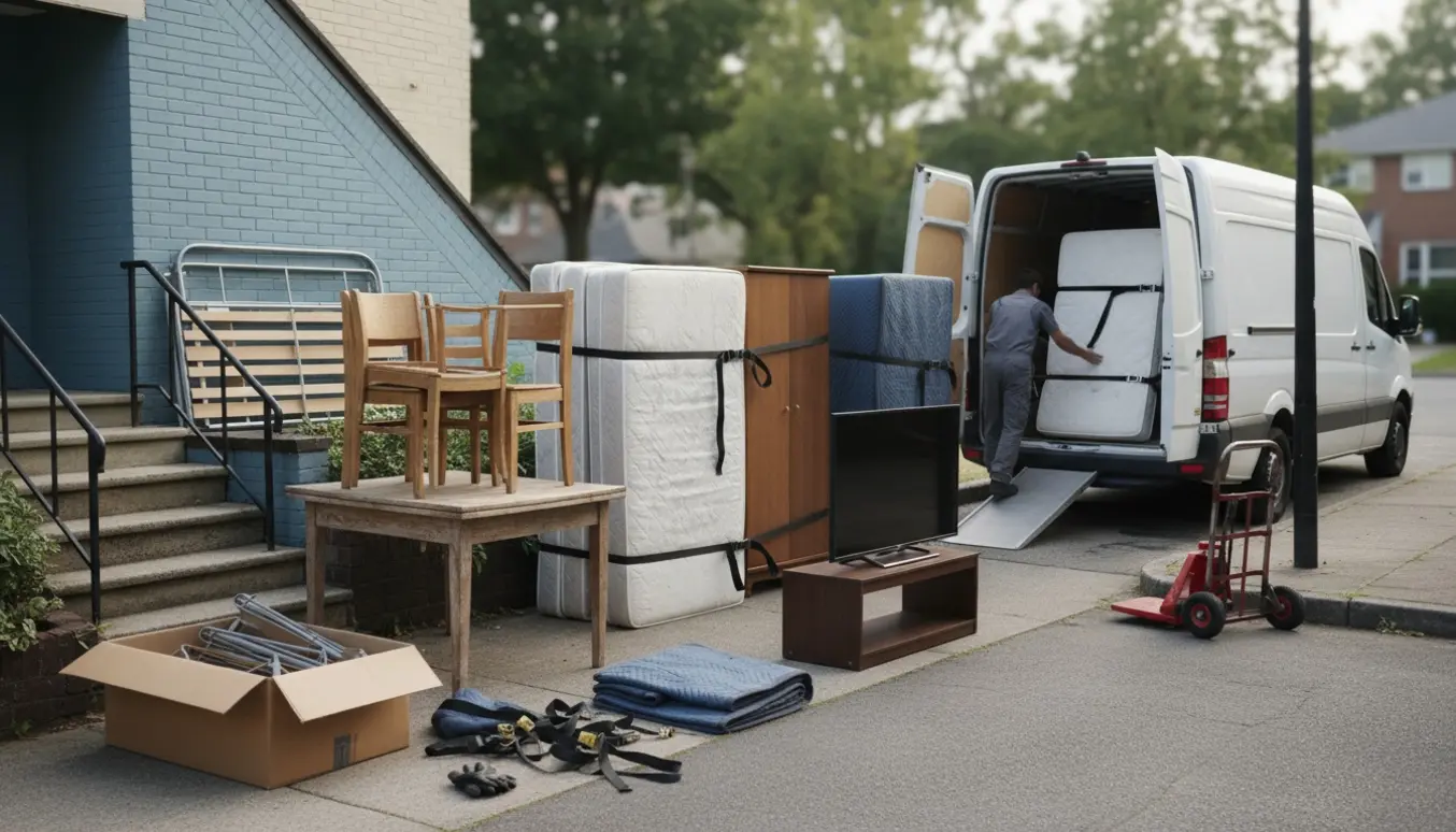 Møbler og madrasser bæres ned fra en lejlighed og læsset i en hvid varevogn foran opgangen.