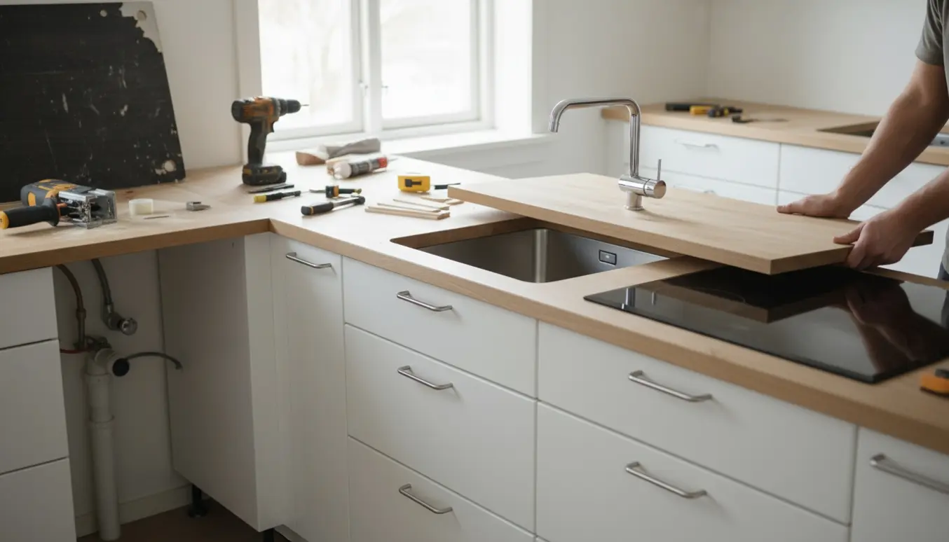 Udskiftning af bordplade i lyst IKEA-køkken med hænder, der monterer vask og kogeplade.