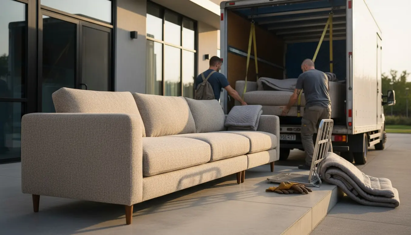 To flyttefolk bærer en stor U-formet hjørnesofa i tre dele ind i en flyttebil.