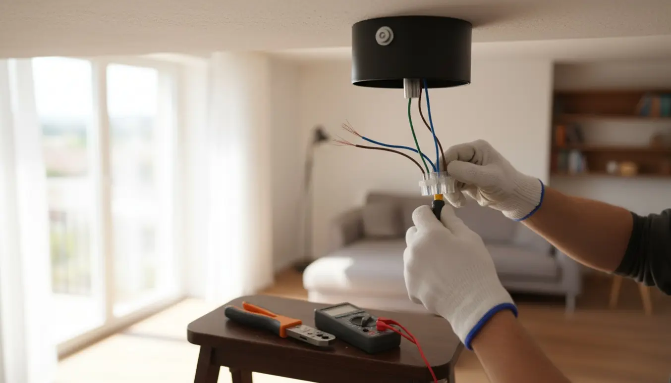 Nærbillede af hænder, der tilslutter en loftlampe på en stige med værktøj og farvede ledninger.