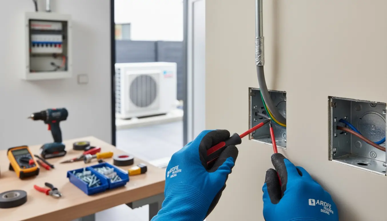 Elektriker monterer en jordet stikkontakt til varmepumpe med værktøj og varmepumpe udendørs i baggrunden.