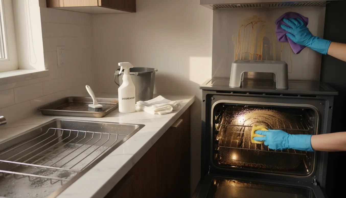 Hænder iført gummihandsker rengør indersiden af en ovn og emhætte i et lyst, moderne køkken.