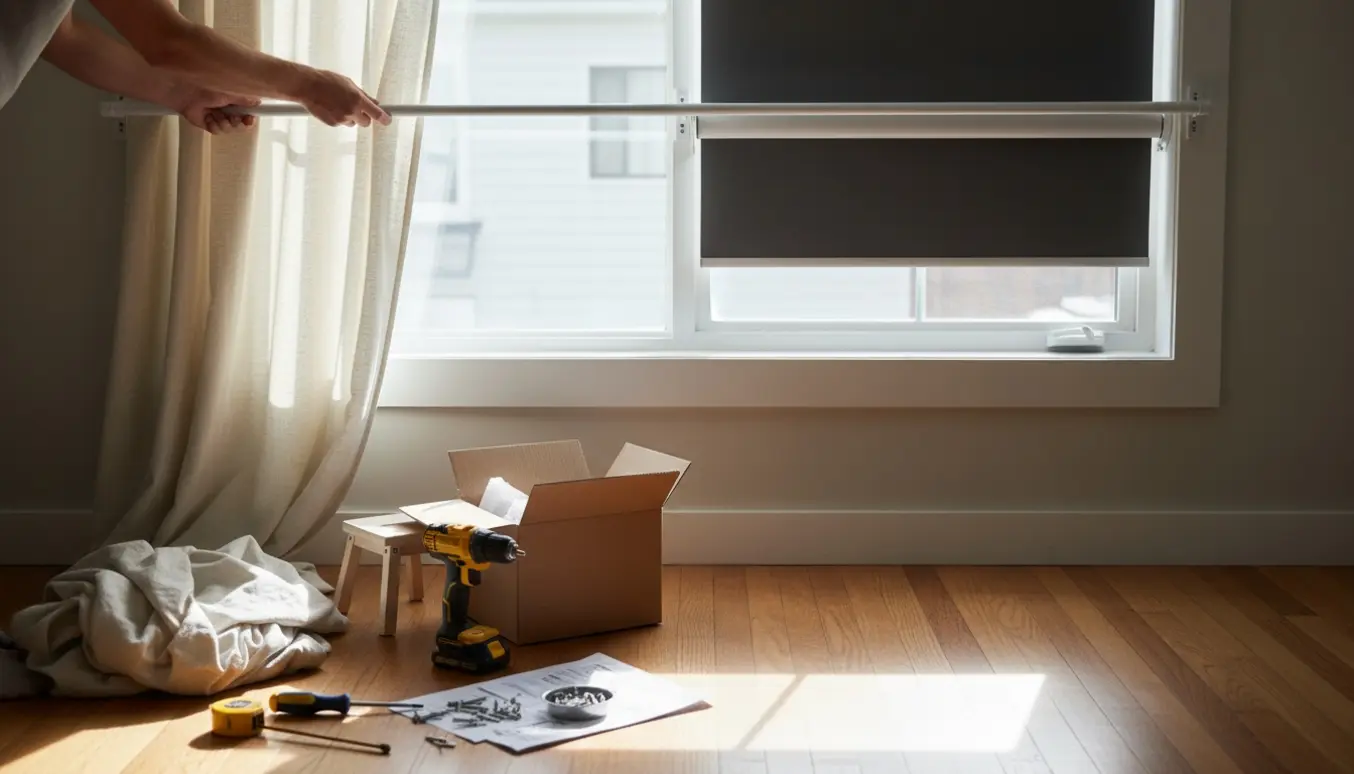 Hænder afmonterer et gardin og monterer et mørklægningsrullegardin ved et vindue med værktøj på gulvet.