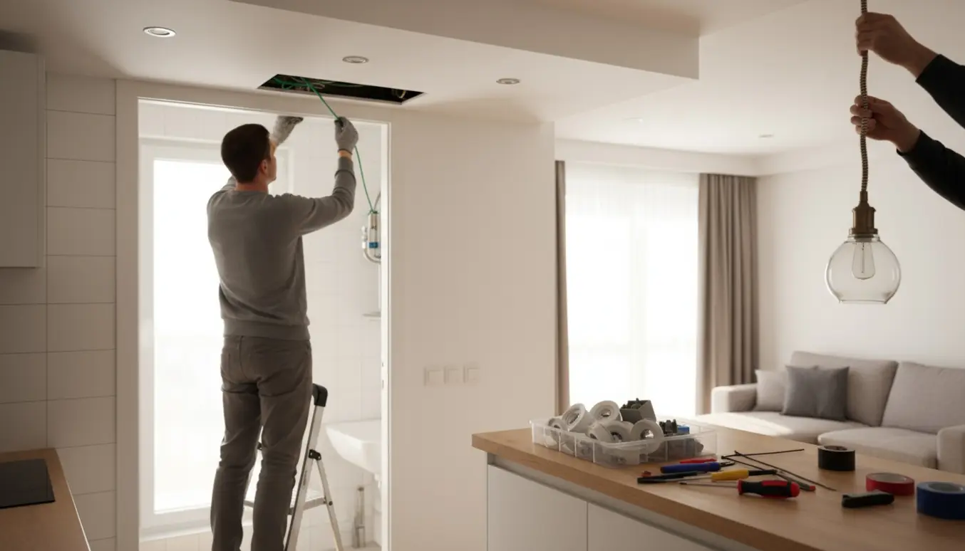 En elektriker fra ryggen installerer indbyggede spots i sænket loft og tilslutter jordstik til vaskemaskine, mens en lampe hænges op i stuen.