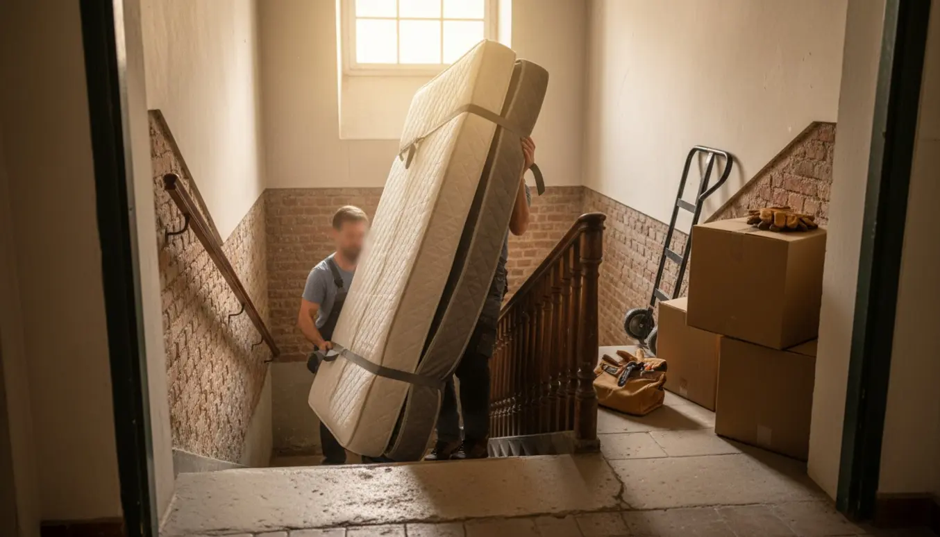 To flyttefolk bærer en madras ned ad en smal trappe i et rækkehus mod kælderen.