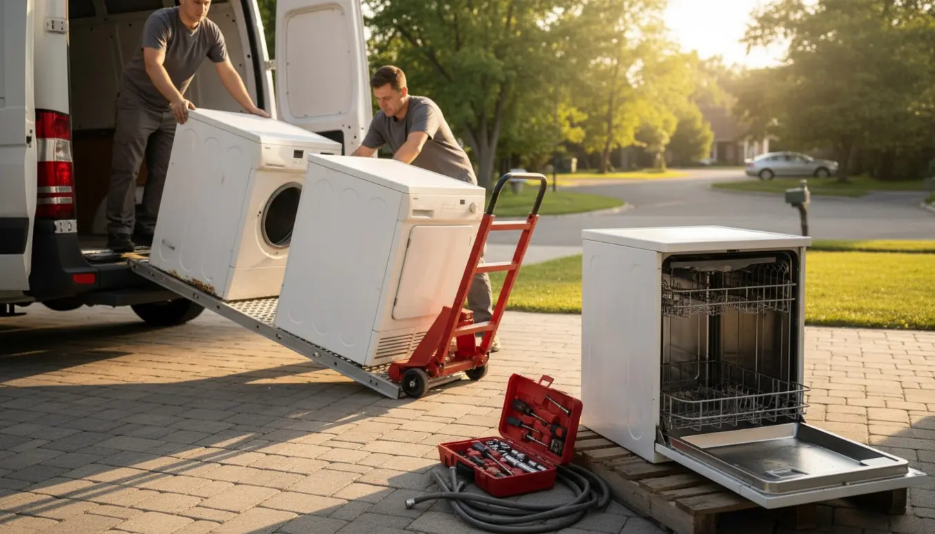 To personer læsser en defekt vaskemaskine og tørretumbler ind i en varevogn, mens en opvaskemaskine og værktøj står klar til afhentning.