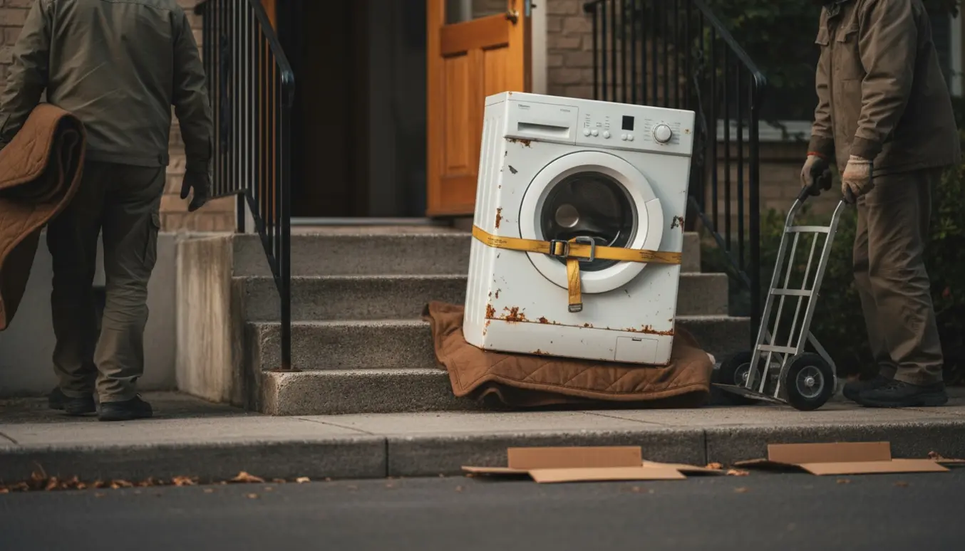En gammel vaskemaskine på udendørs trappe ved hoveddøren klar til storskrald, med hjælpere uden synlige ansigter.