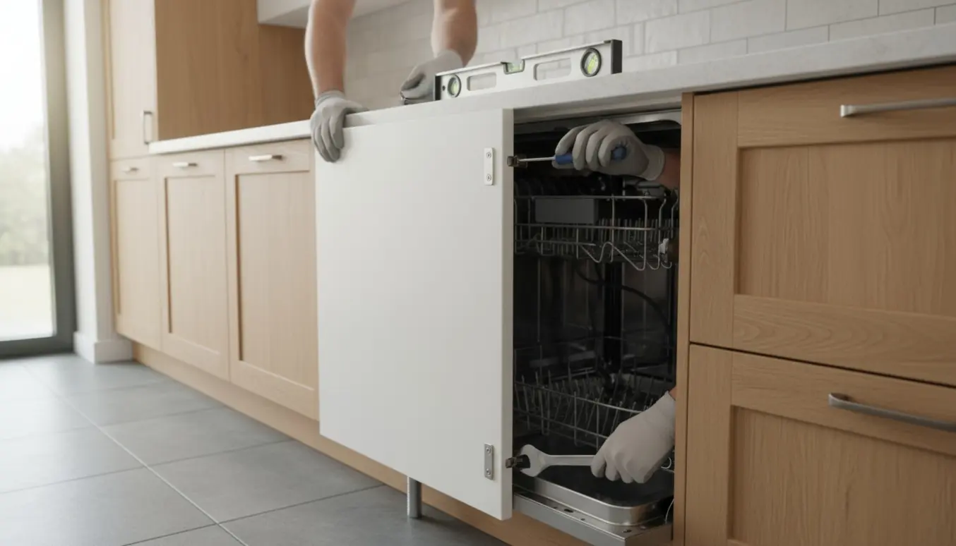 Hænder monterer en skabslåge på en integreret opvaskemaskine og justerer maskinens ben i et lyst køkken.