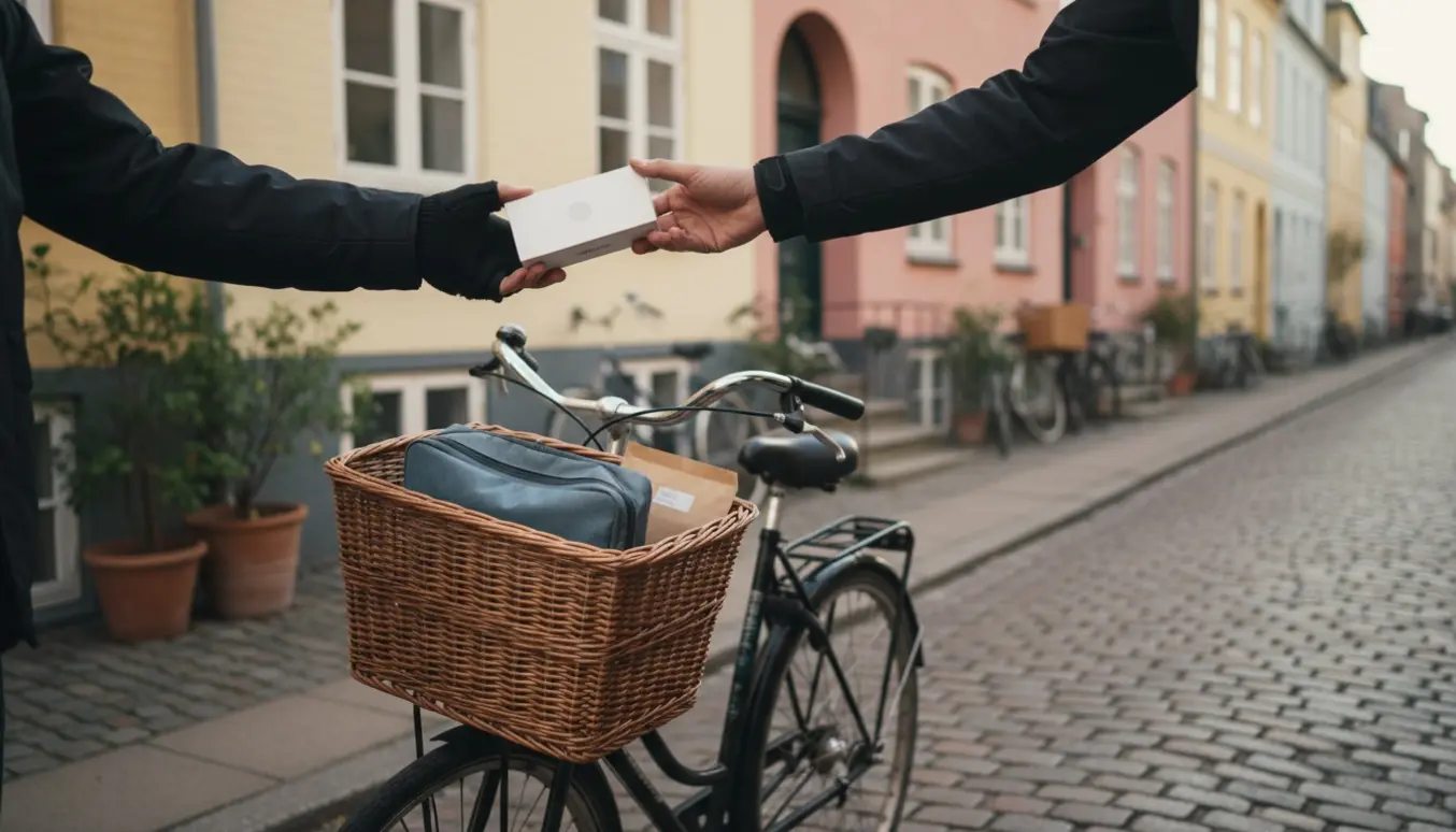 Et bud afleverer en indpakket iPhone ved en københavnsk bolig, kun hænderne er synlige.