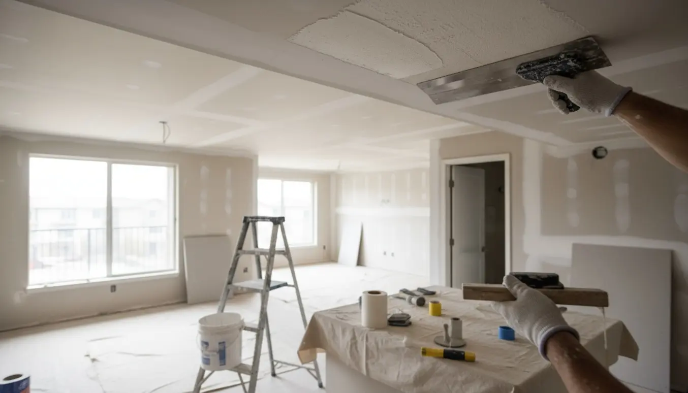 Håndværker spartler loft i en lejlighed med værktøj og afdækningsmaterialer.