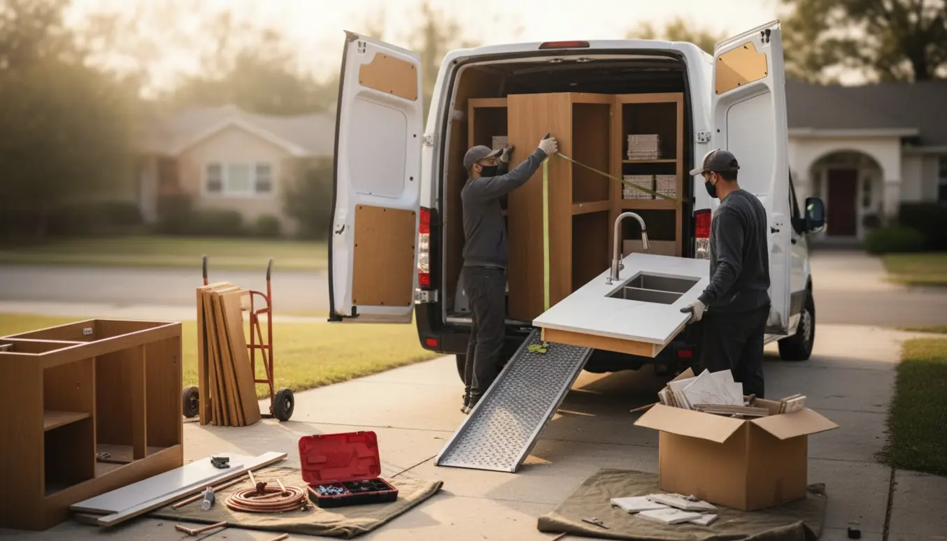 Demonteret køkken læsses i en ubranded varevogn på indkørslen med skabe, bordplade og vask klar til genbrug.