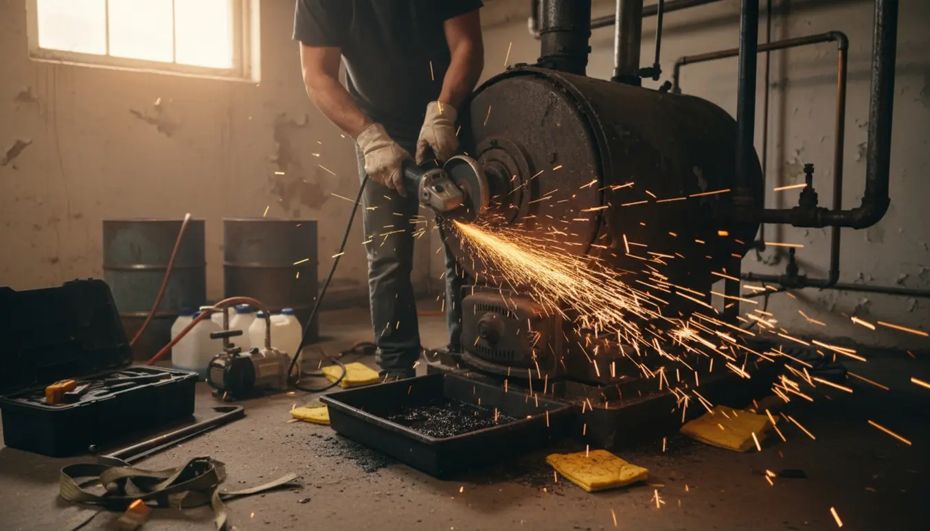 En håndværker opskærer og fjerner et gammelt oliefyr i en kælder, omgivet af værktøj og opsamlingskar.