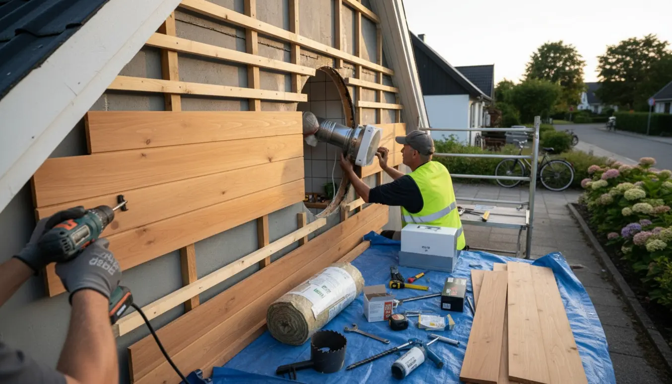 Gavl under renovering med montering af ny træbeklædning og installation af køkkenventilator gennem væggen.