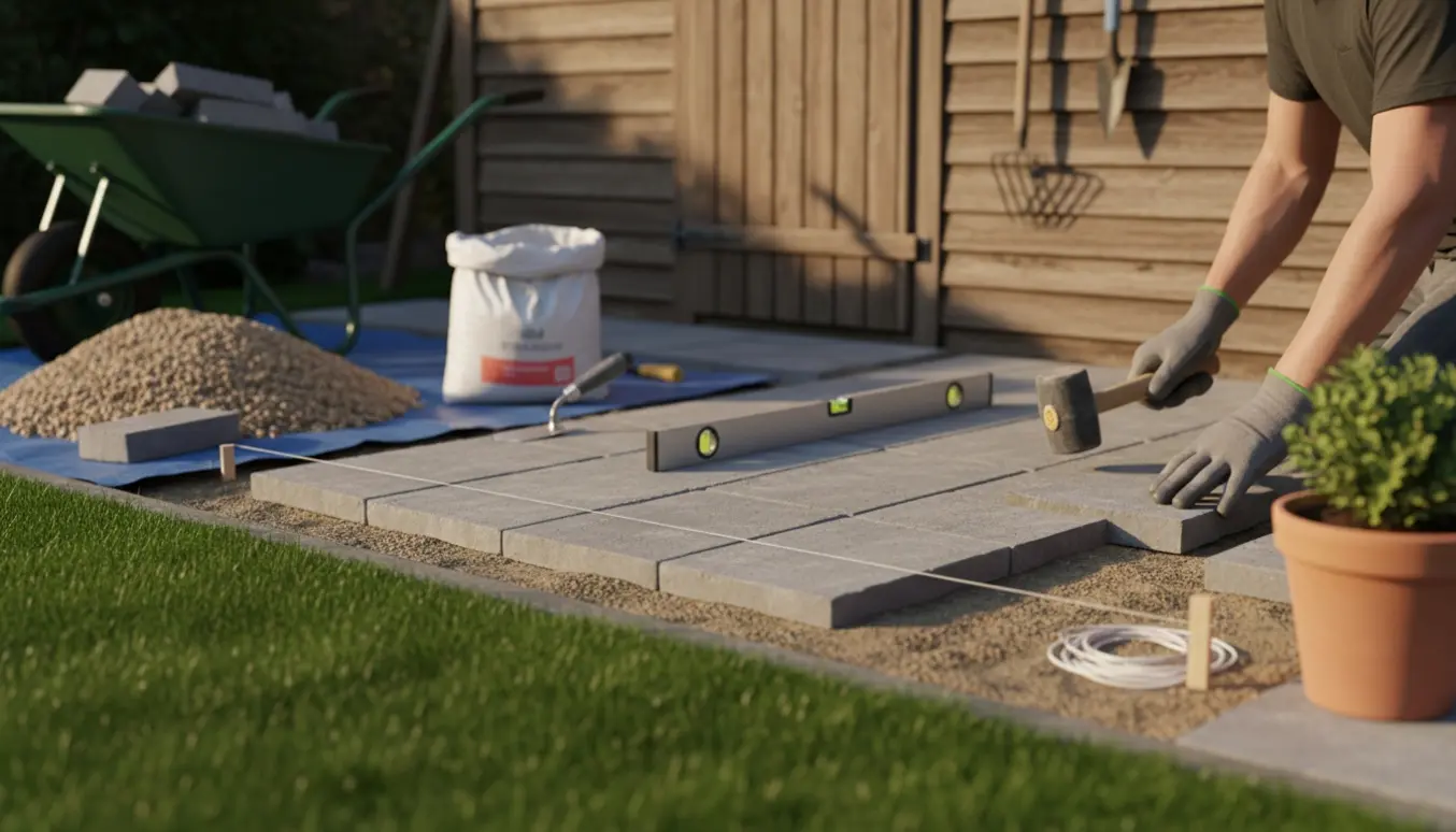 Fliselægning ved et udendørs skur med hænder og værktøj i arbejde.