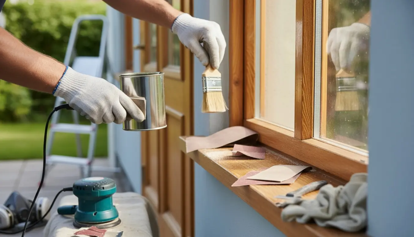 Nærbillede af hænder, der sliber og olierer udvendigt træværk ved et vindue.