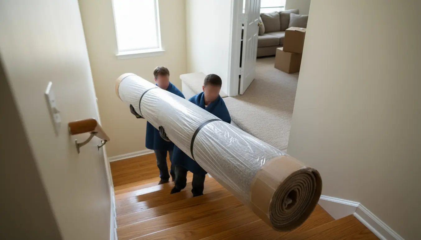 To personer bærer et tungt, indpakket og langt tæppe op ad en boligtrappe.