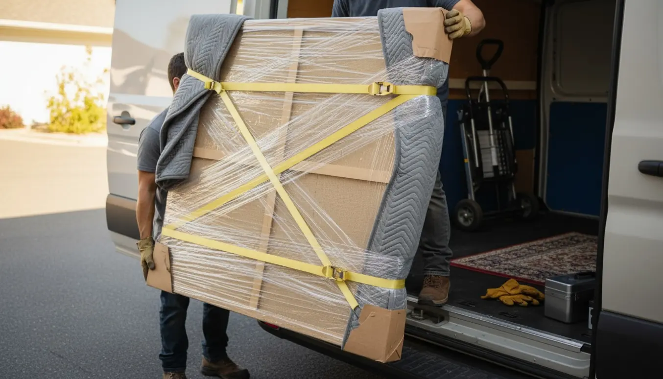 To personer læsser et stort firkantet maleri ind i en varevogn, pakket i tæpper og bobleplast.