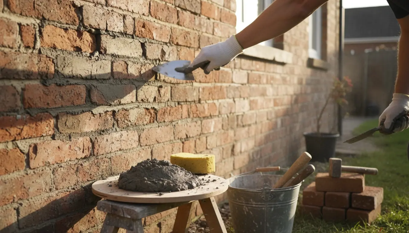 Nærbillede af murerarbejde på en rustik husmur med frisk mørtel, stige og værktøj.