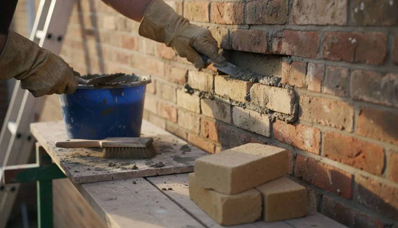 Nærbillede af udvendigt murværk, hvor hænder reparerer fuger med murske og våd mørtel.