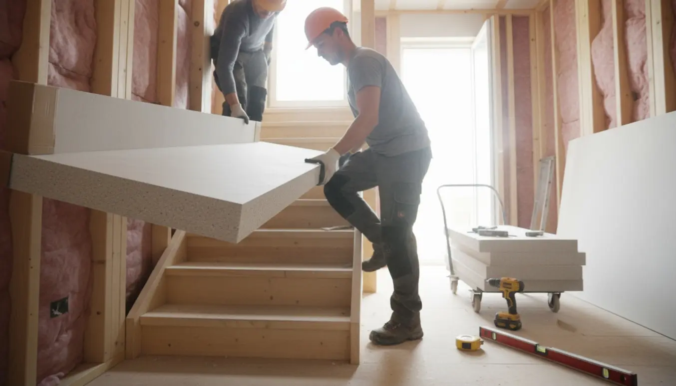 To håndværkere bærer fibergipsplader op ad en uafsluttet trætrappe på en byggeplads.