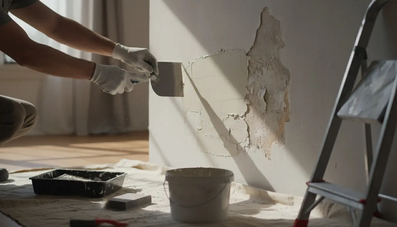 Nærbillede af hænder, der spartler en beskadiget væg indendørs med værktøj og afdækningsdug.