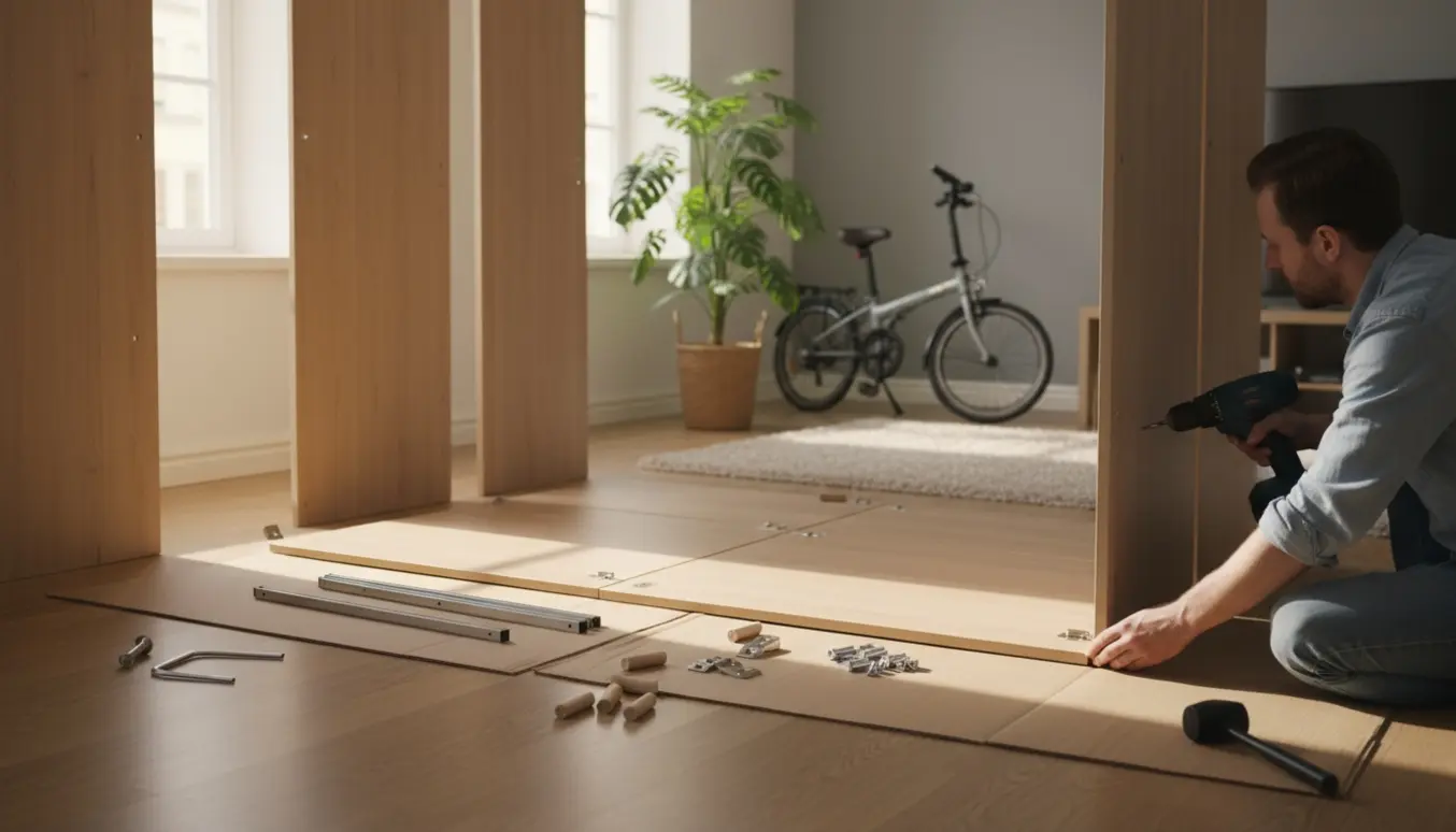 Fladtpakket klædeskab samles i en lys lejlighed med paneler og værktøj spredt på gulvet.