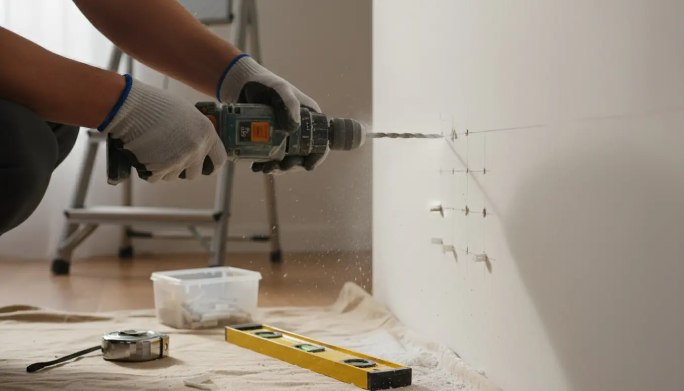 Nærbillede af en boremaskine og handsker, der laver flere små huller i en indervæg med plugs og værktøj i baggrunden.