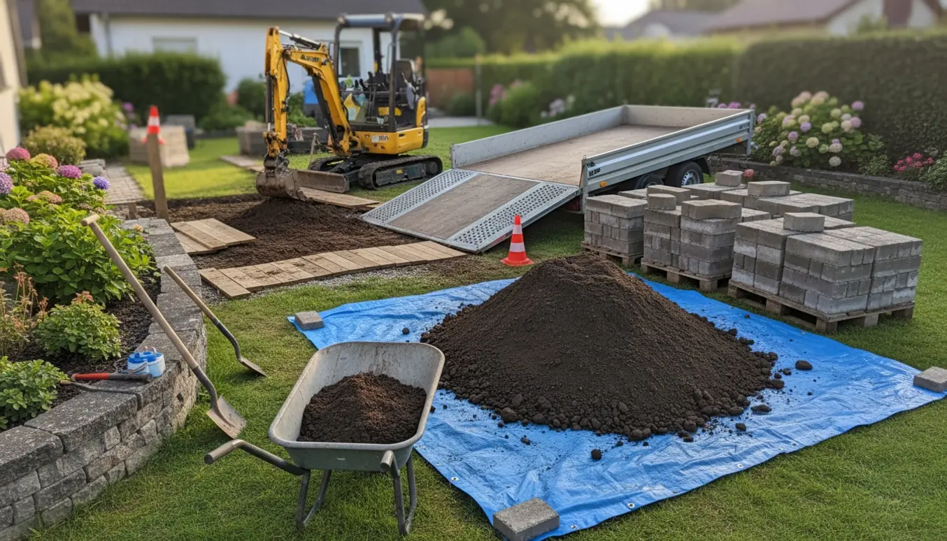 Mini-gravemaskine og trailer i en parcelhushave med fjernet jord og stablede fliser klar til bortkørsel.