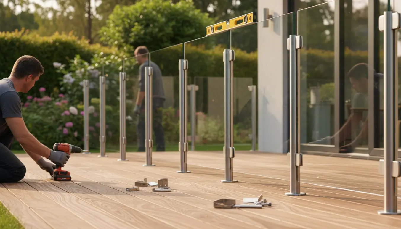 Montering af glashegn rundt om en træterrasse med rustfri stolper og klare glasruder.