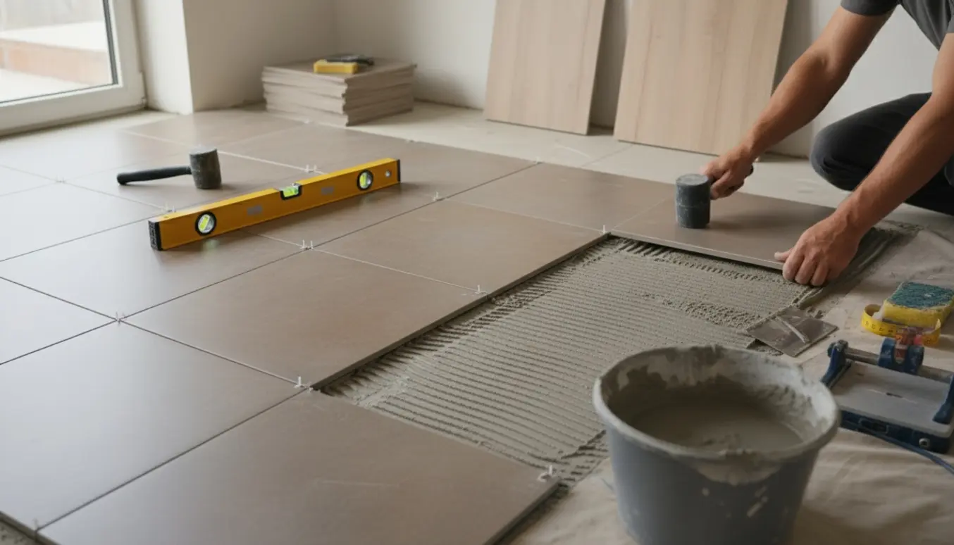 Halvfærdigt køkkengulv med fliser og værktøj, hænder justerer flisesamlinger.