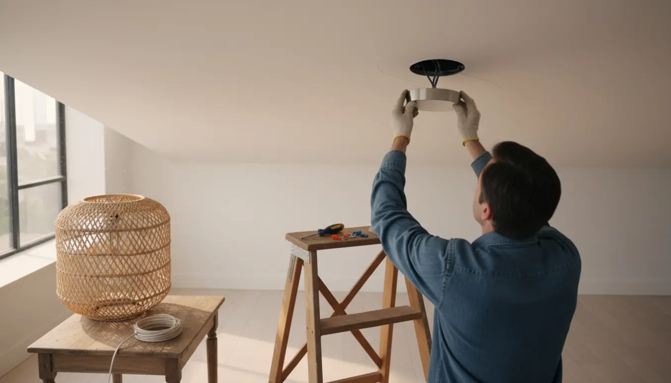 En person på en stige monterer en ny loftslampe, mens den gamle rattanlampe ligger ved siden af.