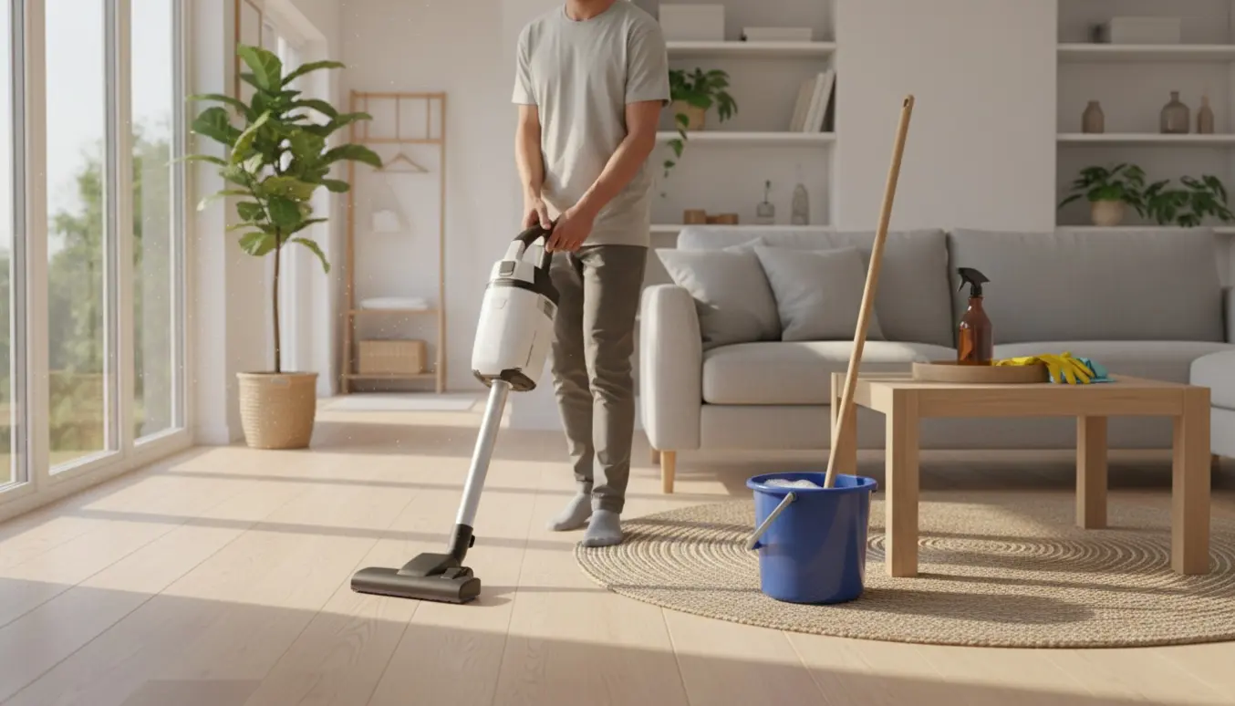 En person rengør en lys nordisk stue med støvsuger, moppe og rengøringsspand.