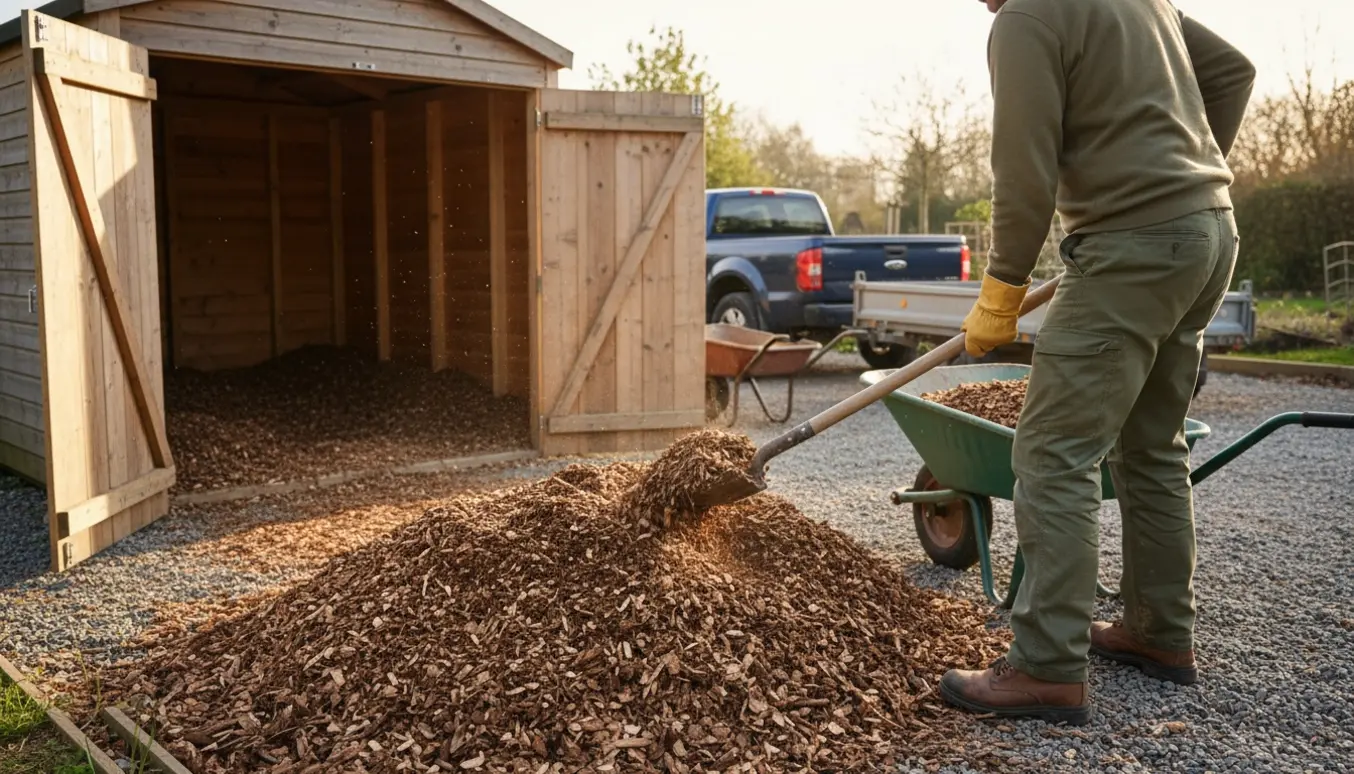 Rygvendt person skovler flis fra et åbent haveskur over i en trillebør ved indkørselen.