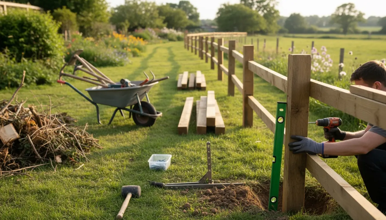 Montering af nyt træraftehegn i have, håndværker justerer stolpe med vaterpas.