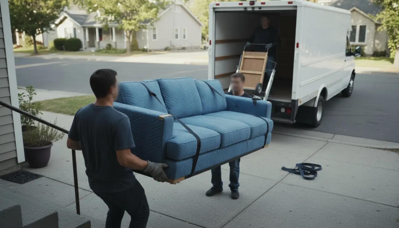 Tre personer bærer en tre-modulers sofa pakket i flyttetæpper op af kældertrappen og ind i en varevogn.