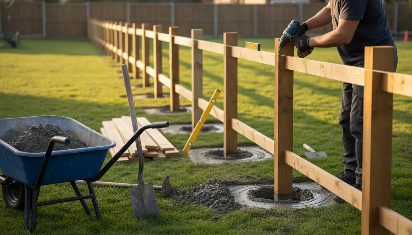 Opsætning af 65 m træhegn cirka 180 cm højt med stolper støbt i beton og værktøj i haven.