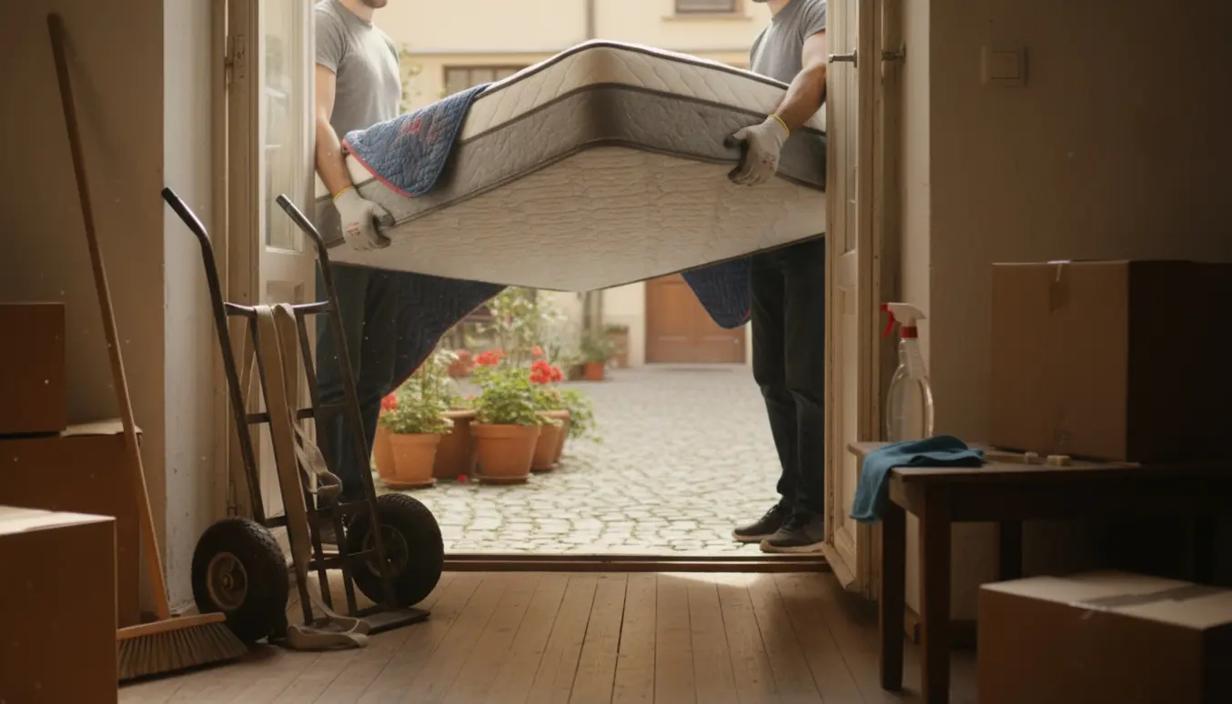 To personer bærer en madras gennem en åben dør ud til en solbelyst gårdhave med rengøringsudstyr og flyttekasser i baggrunden.