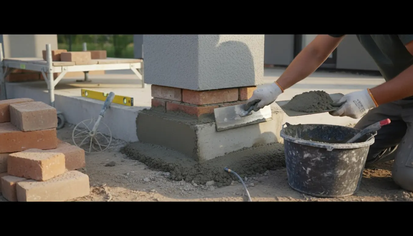 Nærbillede af sokkelpudsning med handske og murske, hvor frisk mørtel glattes på husets fundament.