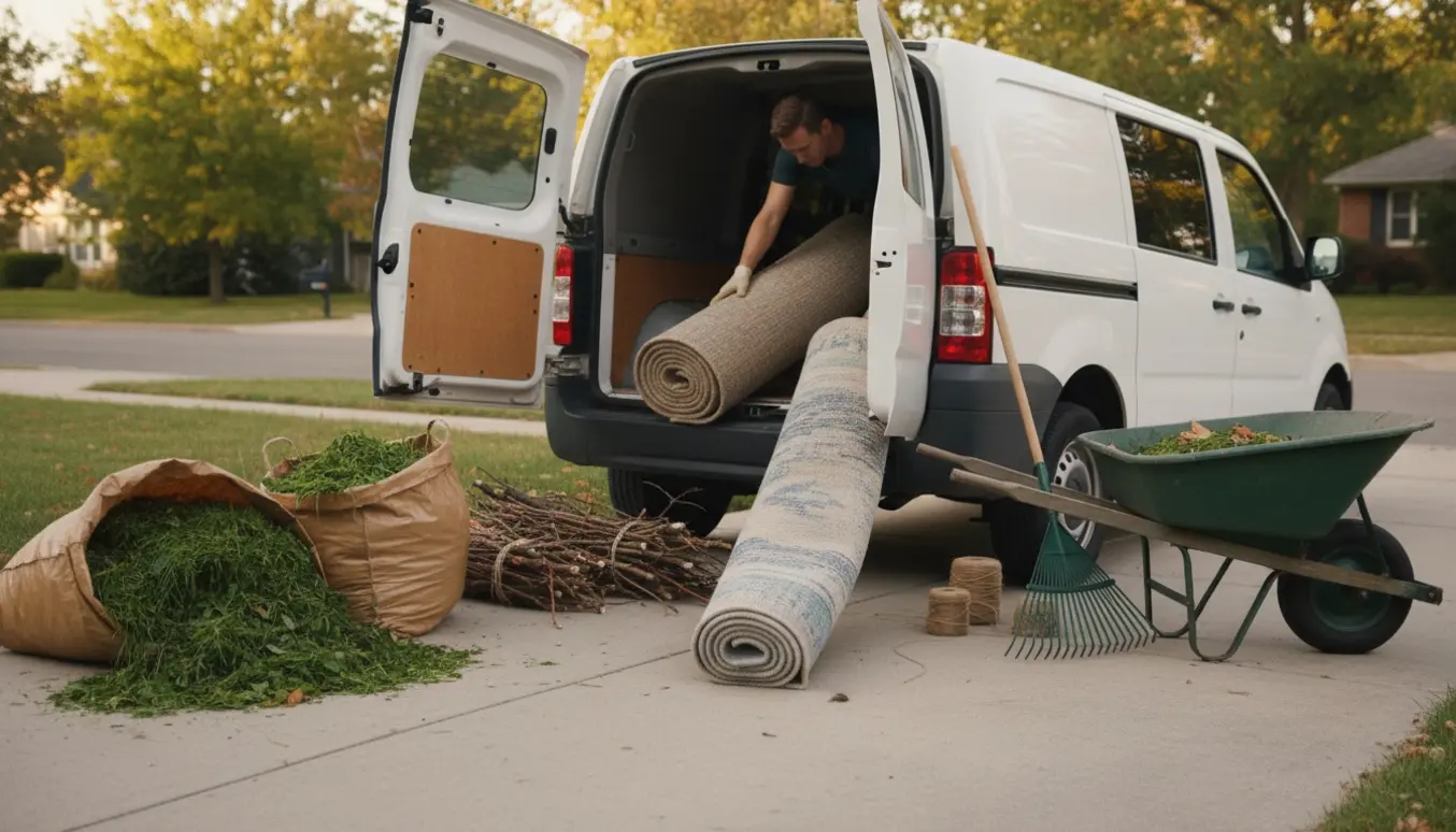 En varevogn på fortovet med to rullede gulvtæpper og bundter haveaffald klar til afhentning.