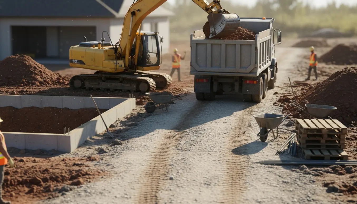Gravemaskine læsser udgravet jord på en lastbil ved et husfundament under byggeri.