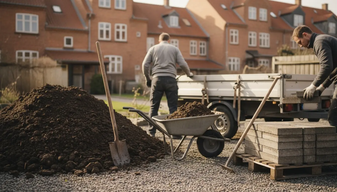 Stor bunke jord og stak fliser i en baggård klar til bortkørsel med trillebør og skovl i forgrunden.