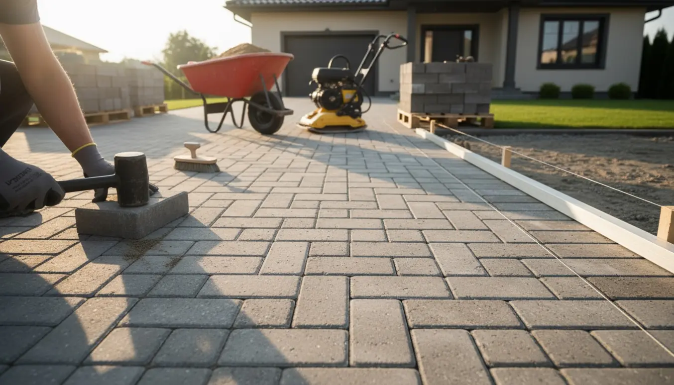 En lang, smal indkørsel delvist belagt med fliser, arbejdshandsker og værktøj i forgrunden.