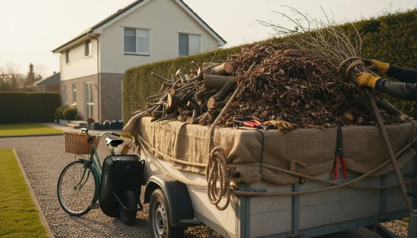 Lastet trailer med pressede grene, trillebør og cykel ved huset klar til bortkørsel af haveaffald.