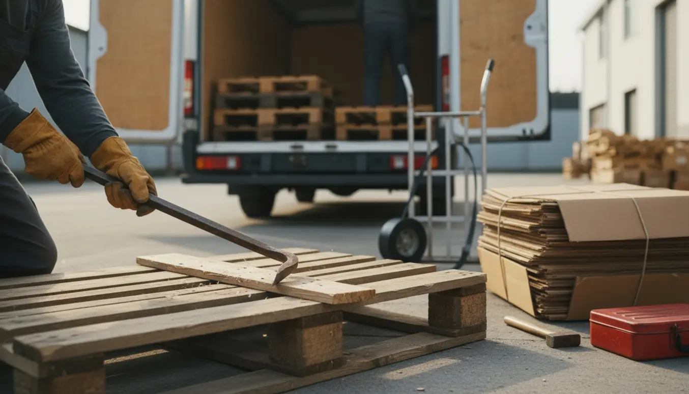 Stor træpalle skilt ad med koben ved afhentning, med stak pap klar til bortkørsel.