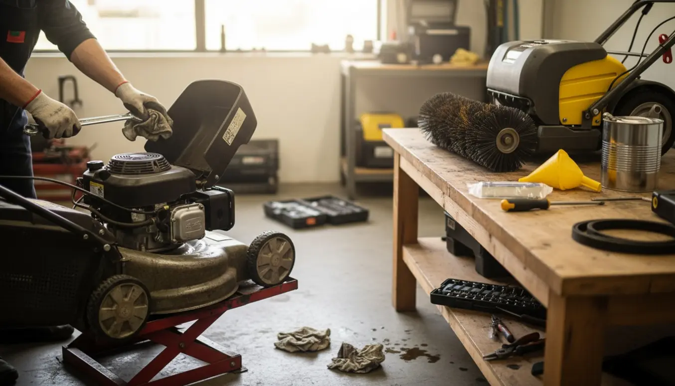 Handskerede hænder servicerer en plæneklipper, mens en fejemaskine står adskilt på et arbejdsbord i et solbeskinnet værksted.