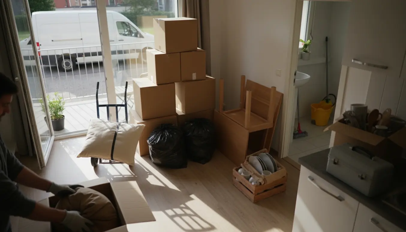 Udsnit af en et-værelses lejlighed under rydning med kasser, sække og flytteudstyr klar til bortkørsel.