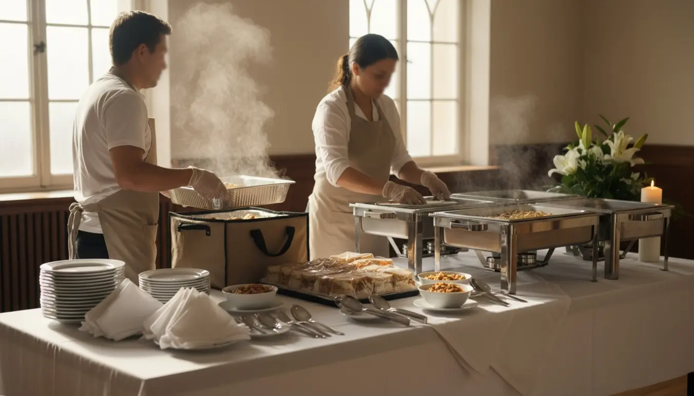 To personer anretter mad på en buffet ved et gravøl i en stille receptionssal.