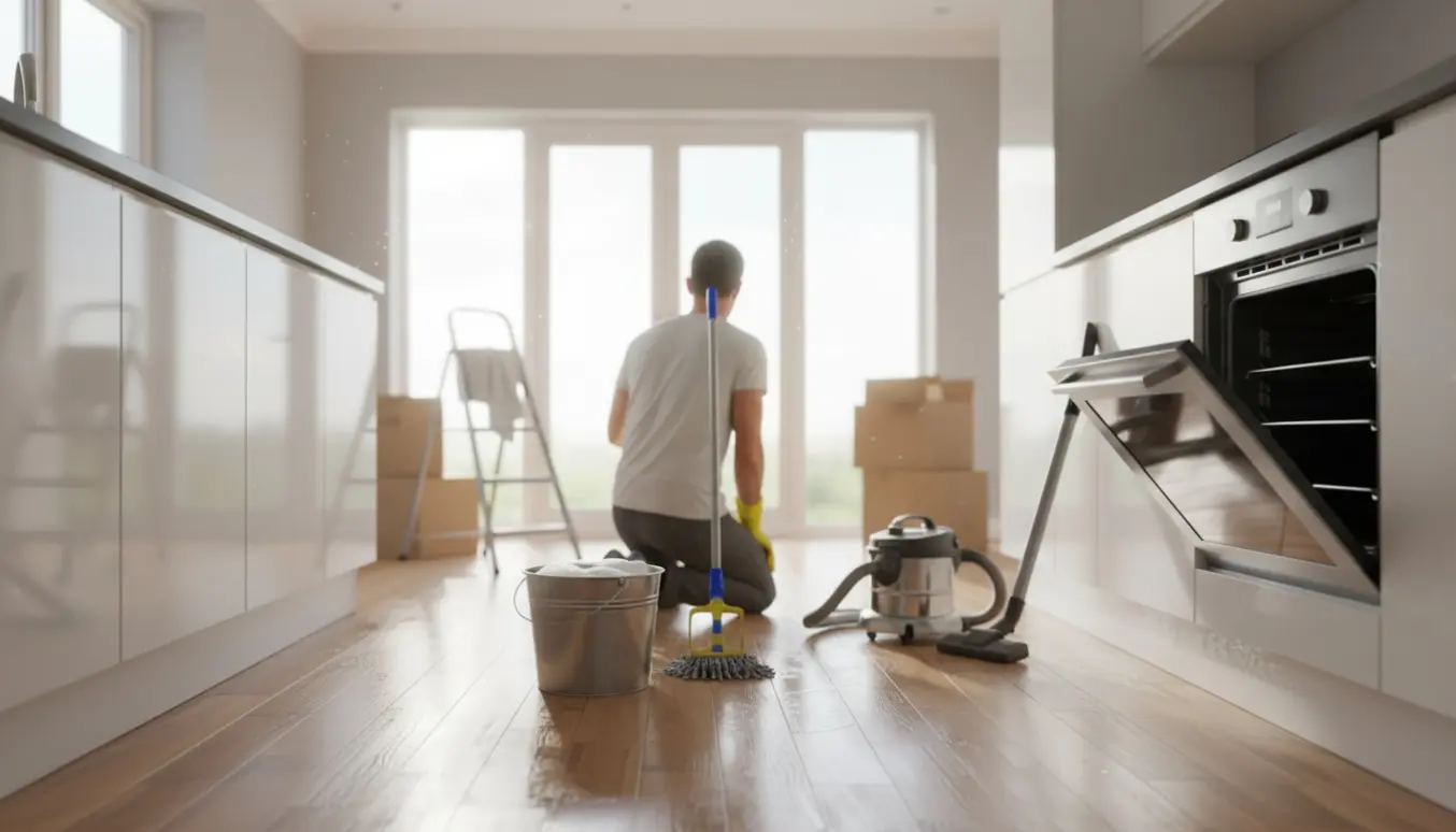 Hovedrengøring i et lyst rækkehuskøkken med moppe, spand og en person set bagfra uden synligt ansigt.